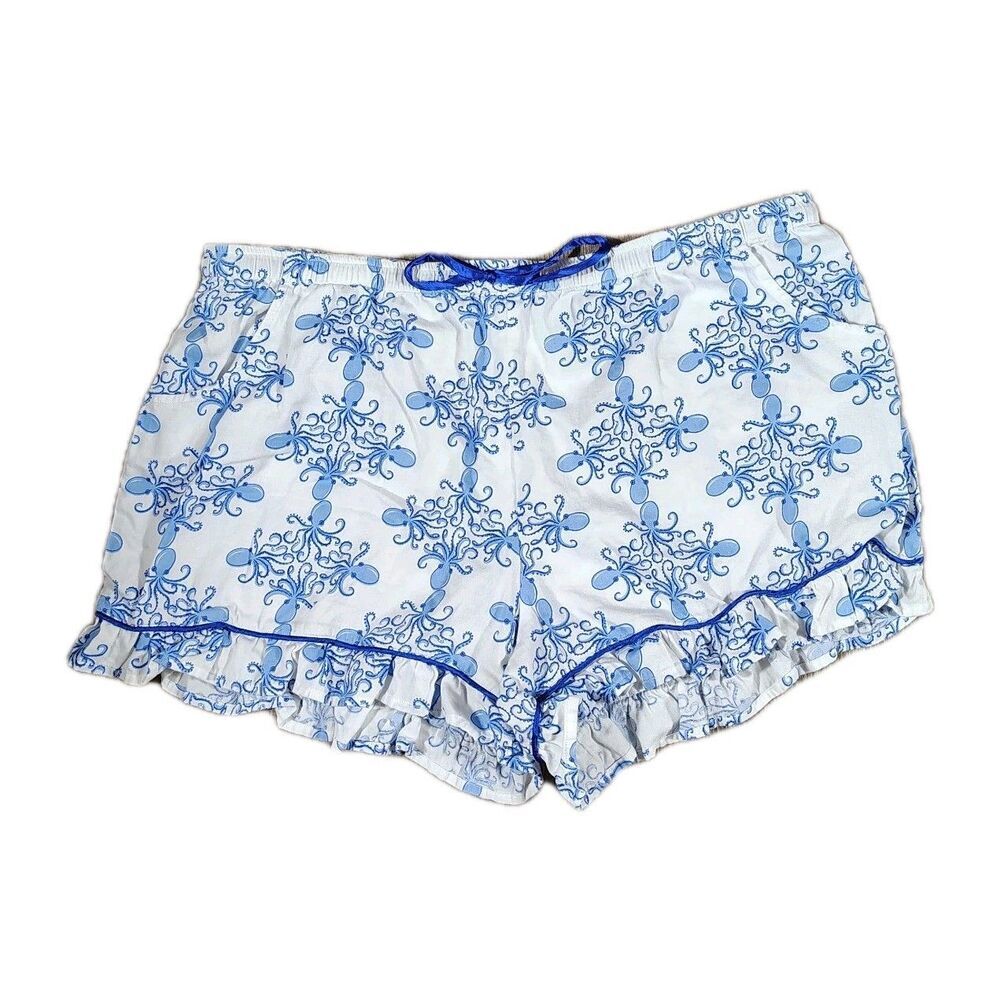 Womens Octopus Pajama Set Size XL Blue White Coastal Nautical Cotton - Picture 2 of 12